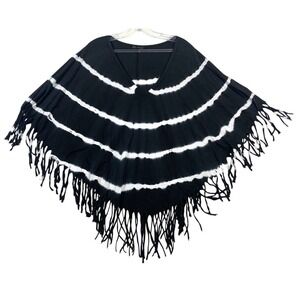 Boho Fringe Poncho Black White Tie Dye V Neck Festival Small Urban X